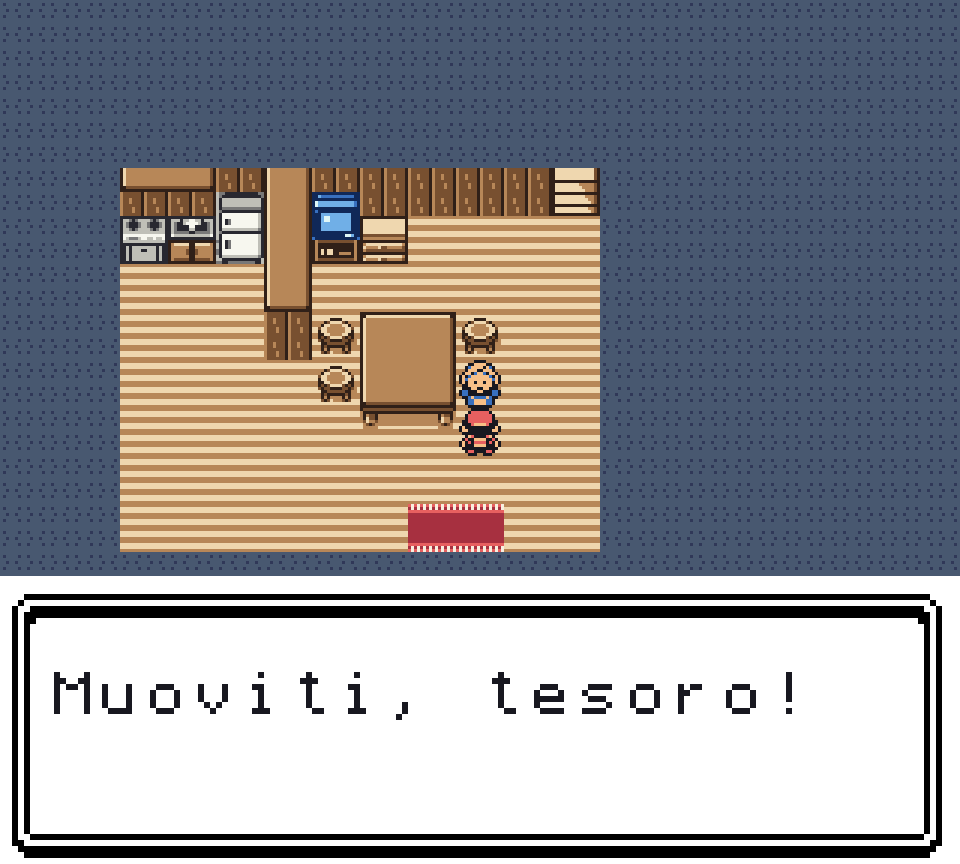 Il piano terra di casa visto dall'alto: il tavolo, la cucina, Ada di fianco al giocatore e la textbox aperta con «Muoviti, tesoro!»