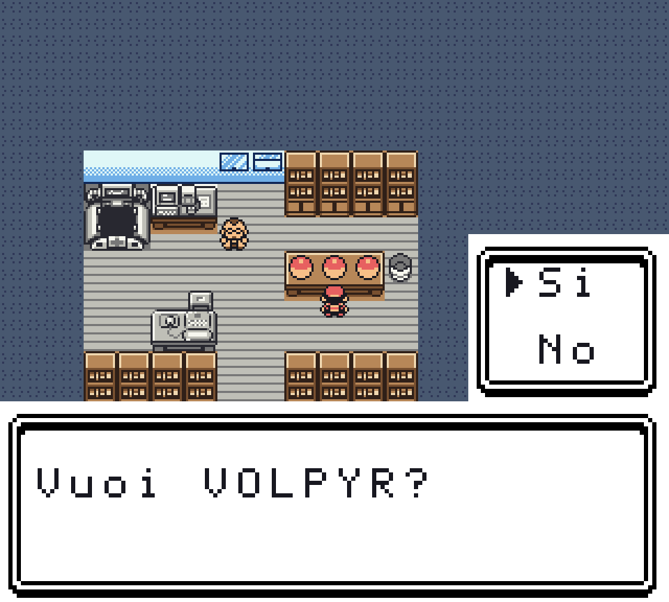 Il laboratorio del professor Rovere visto dall'alto, tre Poké Ball sul tavolo e il box SÌ/NO aperto sulla domanda «Vuoi VOLPYR?»