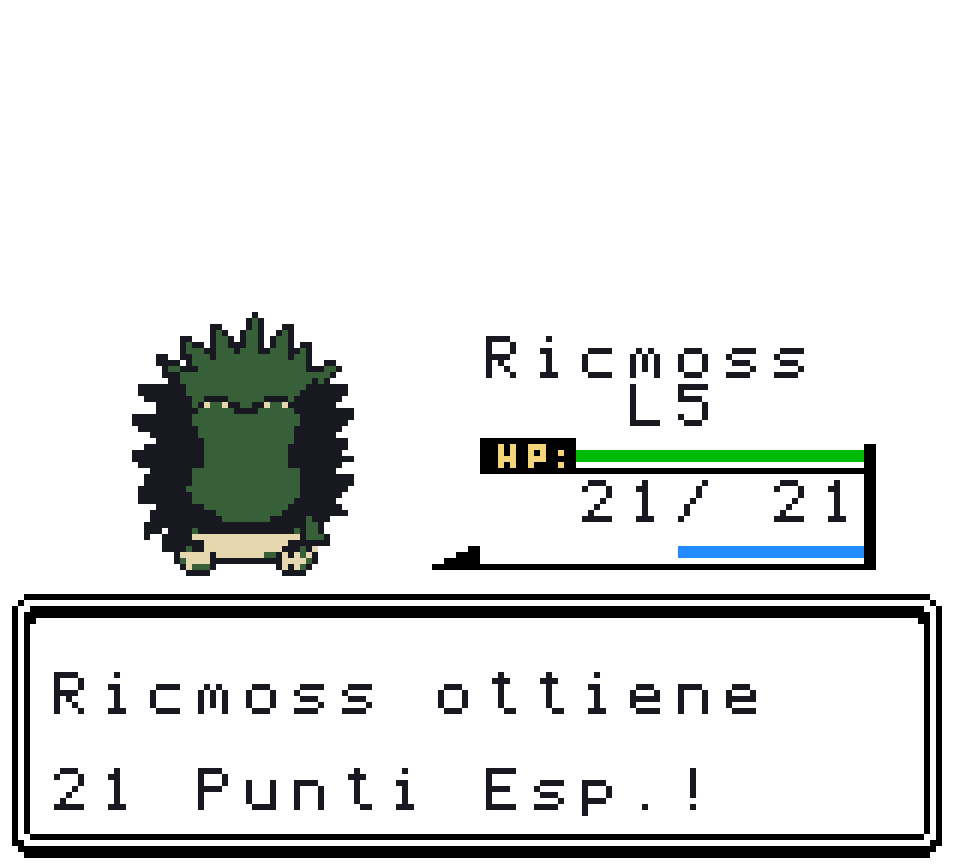 Schermata di lotta selvatica a schermo pieno, a fine lotta: Ricmoss con la barra dei PS, la barra EXP azzurra che si è riempita e il testo «Ricmoss ottiene 21 Punti Esp.!»
