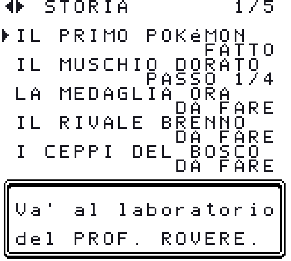 Il DIARIO aperto sulla sezione STORIA: cinque incarichi con il loro stato — IL PRIMO POKéMON fatto, IL MUSCHIO DORATO passo 1 di 4, e tre da fare — e in basso la textbox «Va' al laboratorio del PROF. ROVERE.»
