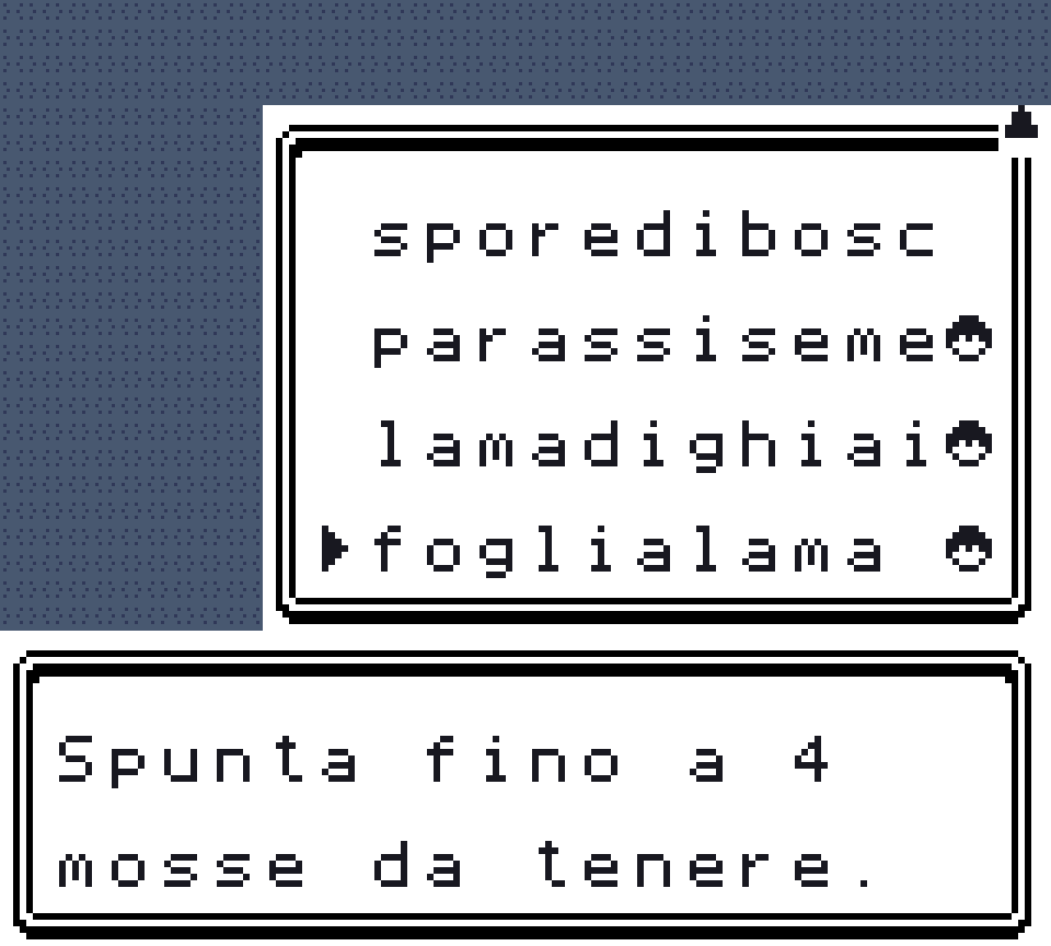La finestra delle mosse della Maestra: le mosse che il Pokémon ricorda in elenco, tre con la spunta e una senza, e sotto «Spunta fino a 4 mosse da tenere»