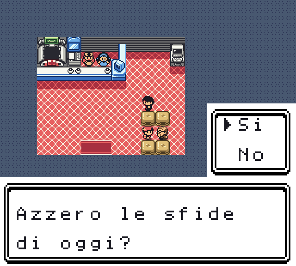 La sala del Centro Pokémon di Riva Nuova, col bancone in alto, e la textbox dell'Archivista con la domanda «Azzero le sfide di oggi?» e il box SÌ/NO aperto