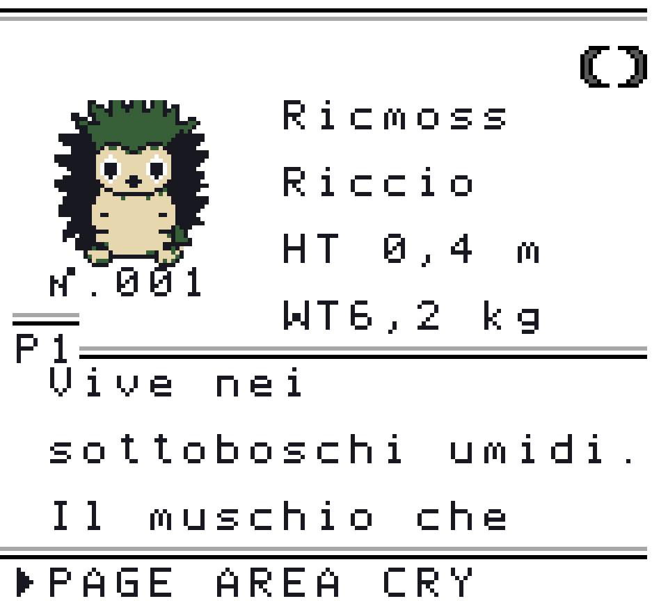 La scheda del Pokédex di Ricmoss, n. 001: sprite, categoria Riccio, altezza e peso, la prima pagina della descrizione e le voci PAGE, AREA, CRY