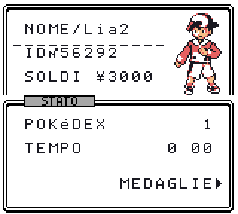La scheda allenatore: nome, numero ID, soldi e il ritratto in alto; sotto, nella pagina STATO, il conto del Pokédex, il tempo di gioco e il rimando alle medaglie