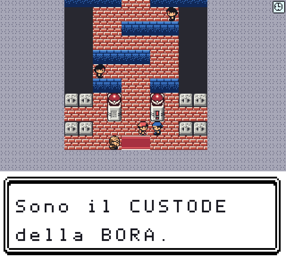 La palestra di Riva Nuova vista dall'alto, il Custode accanto all'ingresso e la textbox «Sono il CUSTODE della BORA.»