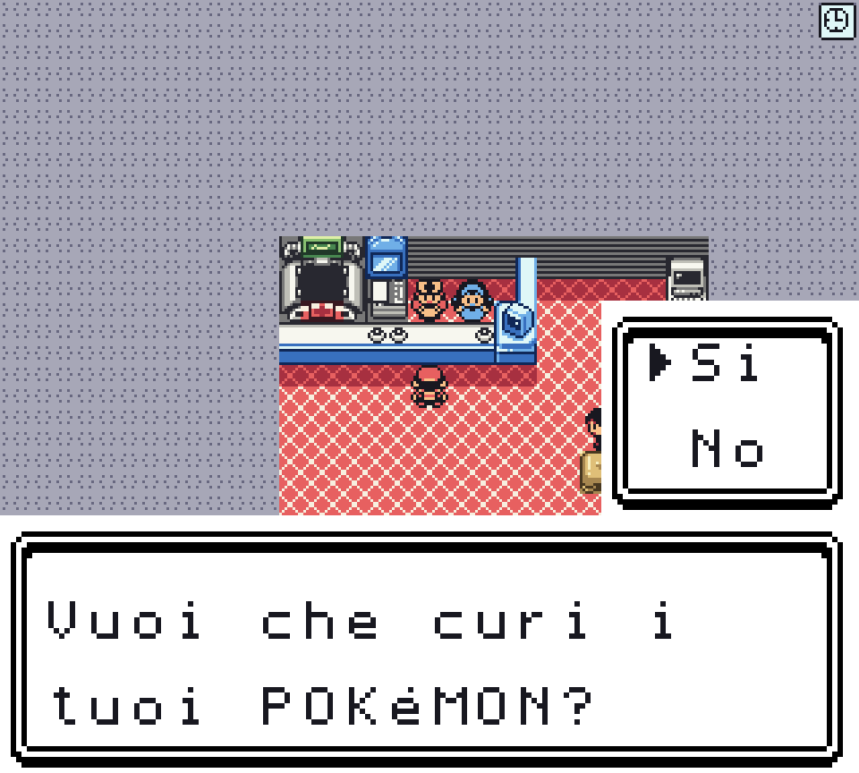 Il Centro Pokémon con l'Infermiera dietro il bancone che chiede se curare la squadra, col riquadro Sì e No