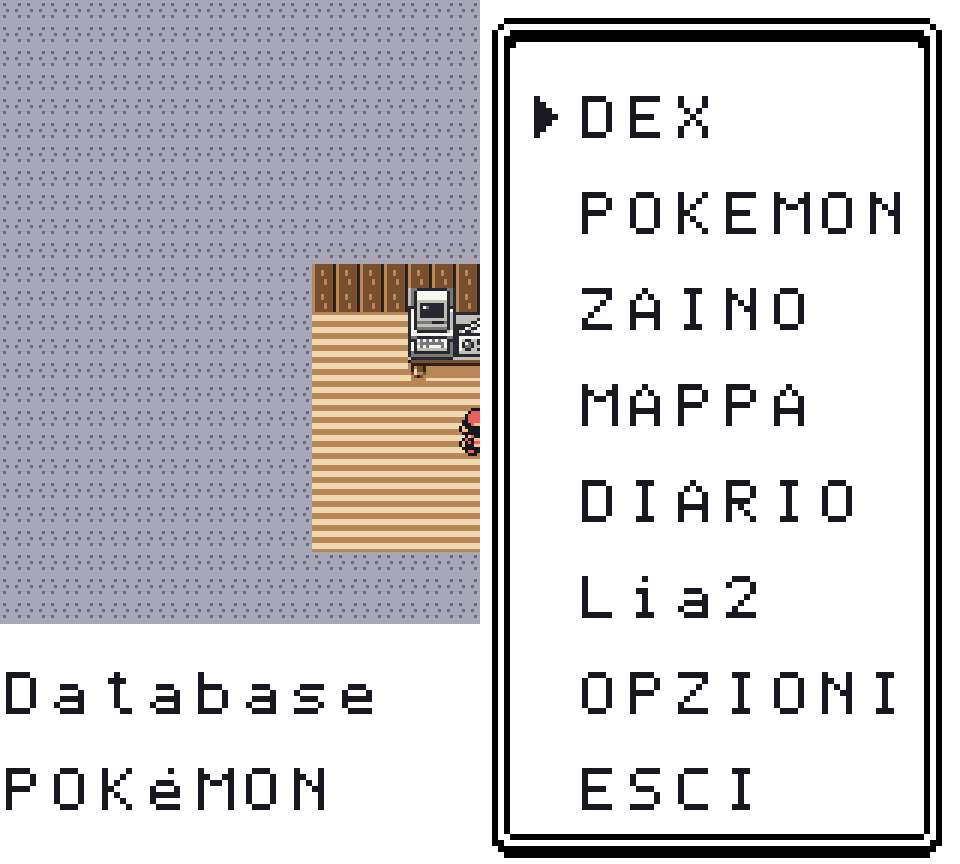 Il menu START aperto a destra dello schermo, col cursore su DEX e sotto le voci fino a ESCI, e in basso la riga che spiega la voce