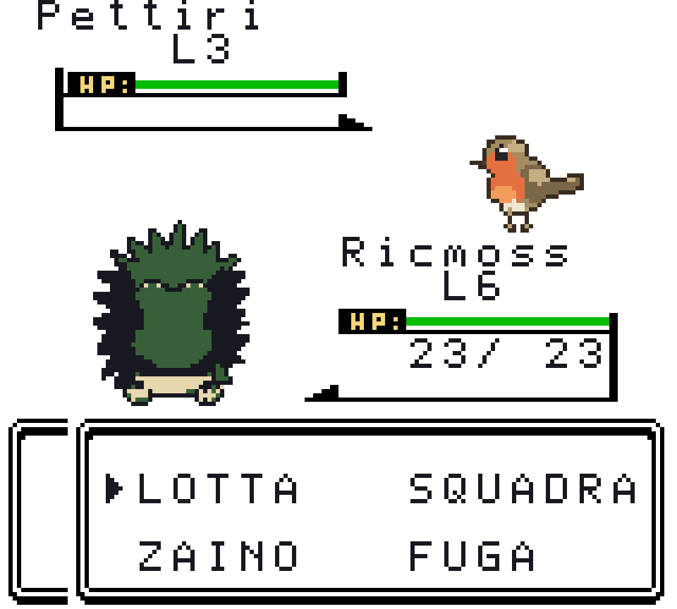 Una lotta contro un Pokémon selvatico: in basso il menu con LOTTA, SQUADRA, ZAINO e FUGA