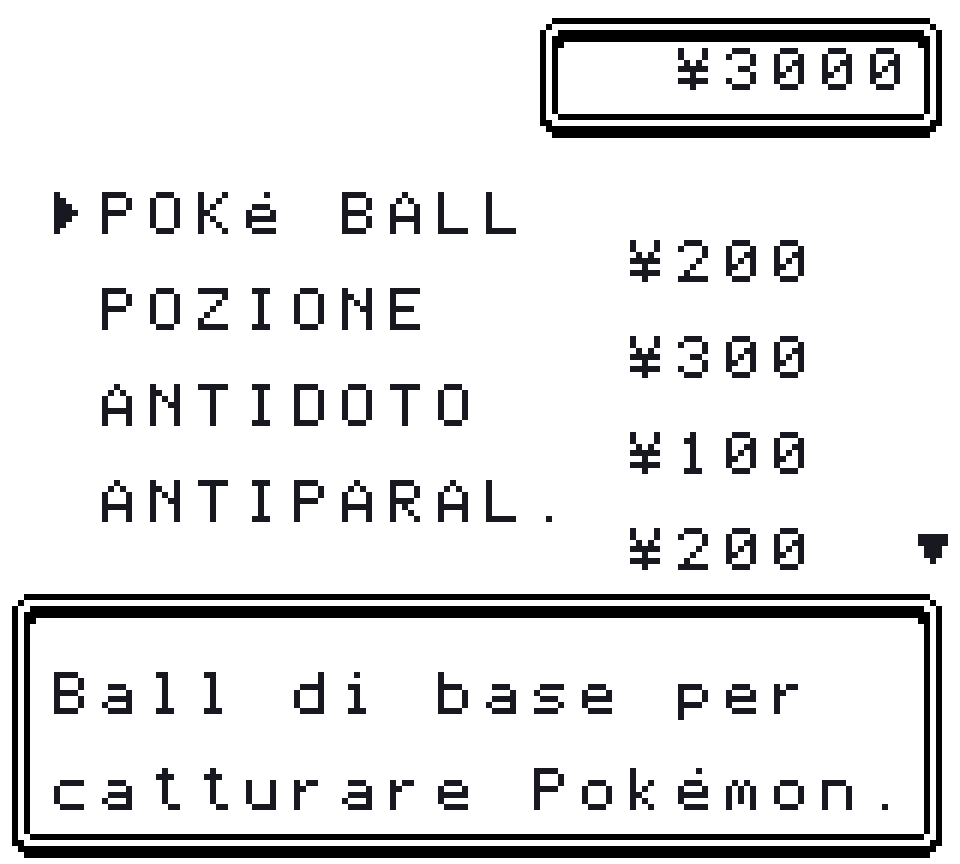 La lista di un negozio con i nomi degli oggetti e i prezzi, i soldi in alto e la descrizione in basso