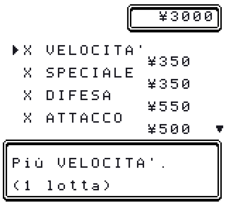 La lista del banco degli strumenti da lotta al terzo piano, con i prezzi, i soldi in alto e la descrizione dello strumento in basso