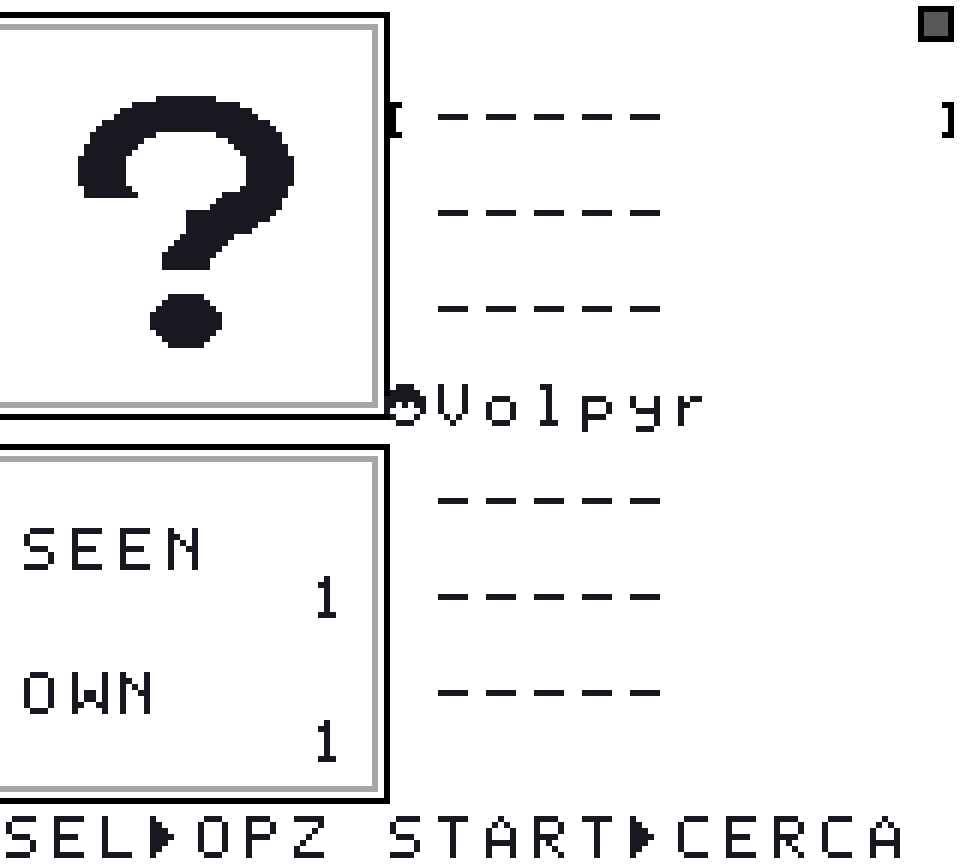 La lista del Pokédex in gioco con i contatori delle specie viste e catturate, e un punto interrogativo al posto della figura di una specie mai vista