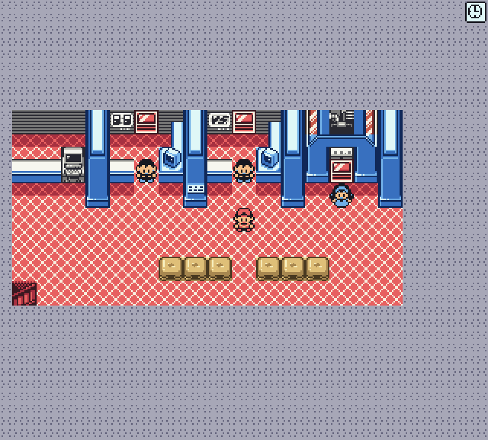 Il piano di sopra del Centro Pokémon, con i banconi delle addette, il PC e la scala in un angolo