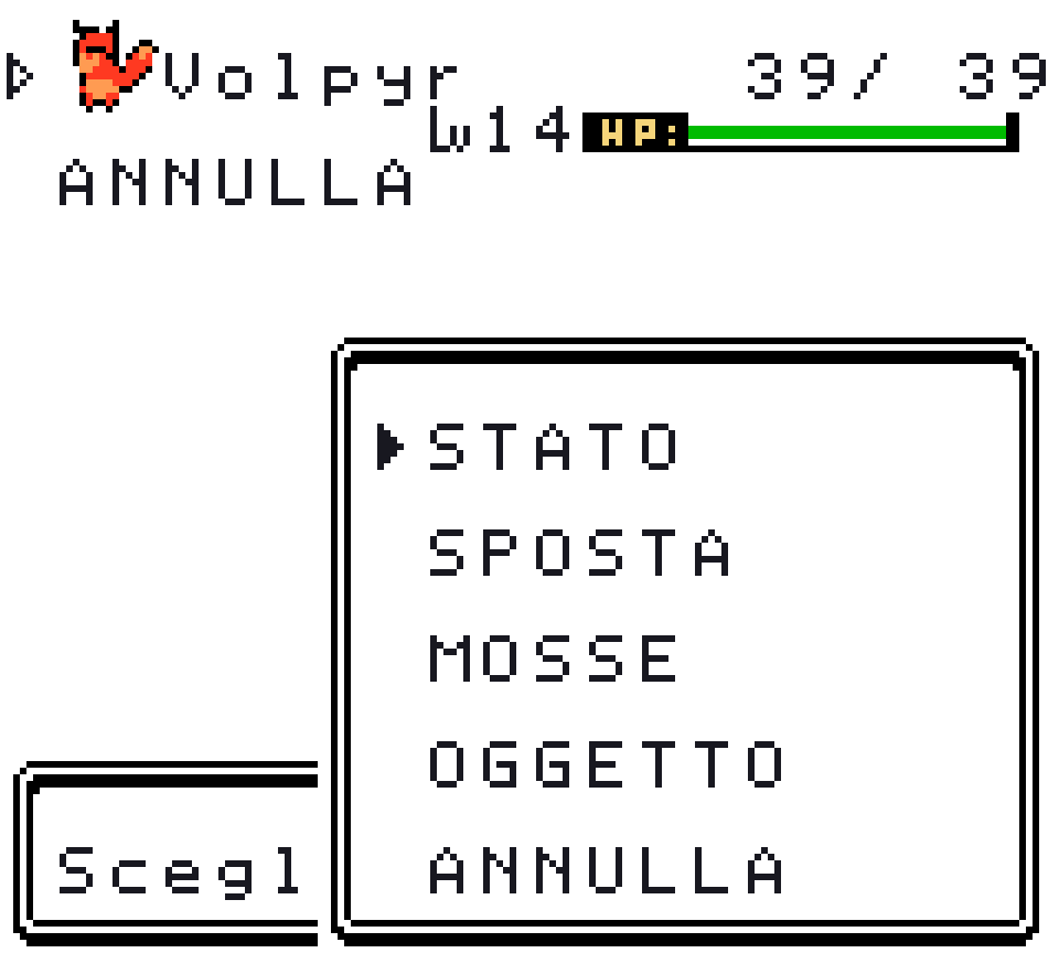 La squadra con un Pokémon selezionato e il sottomenu aperto con STATO, SPOSTA, MOSSE, OGGETTO e ANNULLA