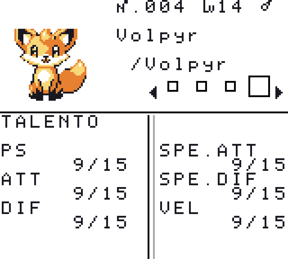 L'ultima pagina della scheda di un Pokémon, TALENTO, con il valore di ogni statistica, una per riga