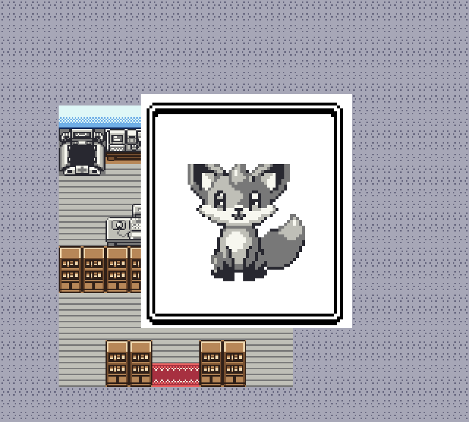 Nel laboratorio, davanti alle ball sul tavolo, una finestra mostra la figura in grigio del Pokémon che c'è dentro