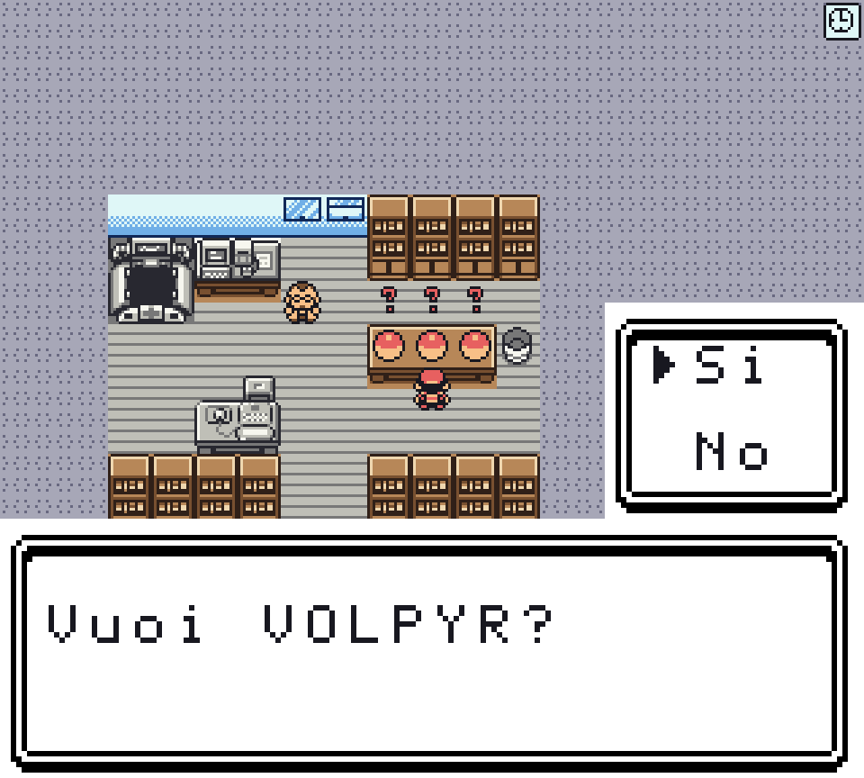 La domanda del laboratorio: vuoi questo Pokémon?, con il riquadro Sì e No aperto sopra il testo