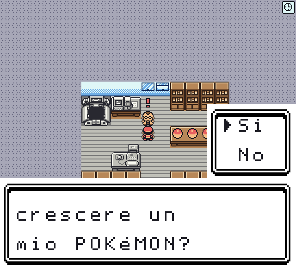 Il laboratorio: il professore, con un punto esclamativo rosso sopra la testa, chiede se lo aiuterai a crescere un suo Pokémon, col riquadro Sì e No